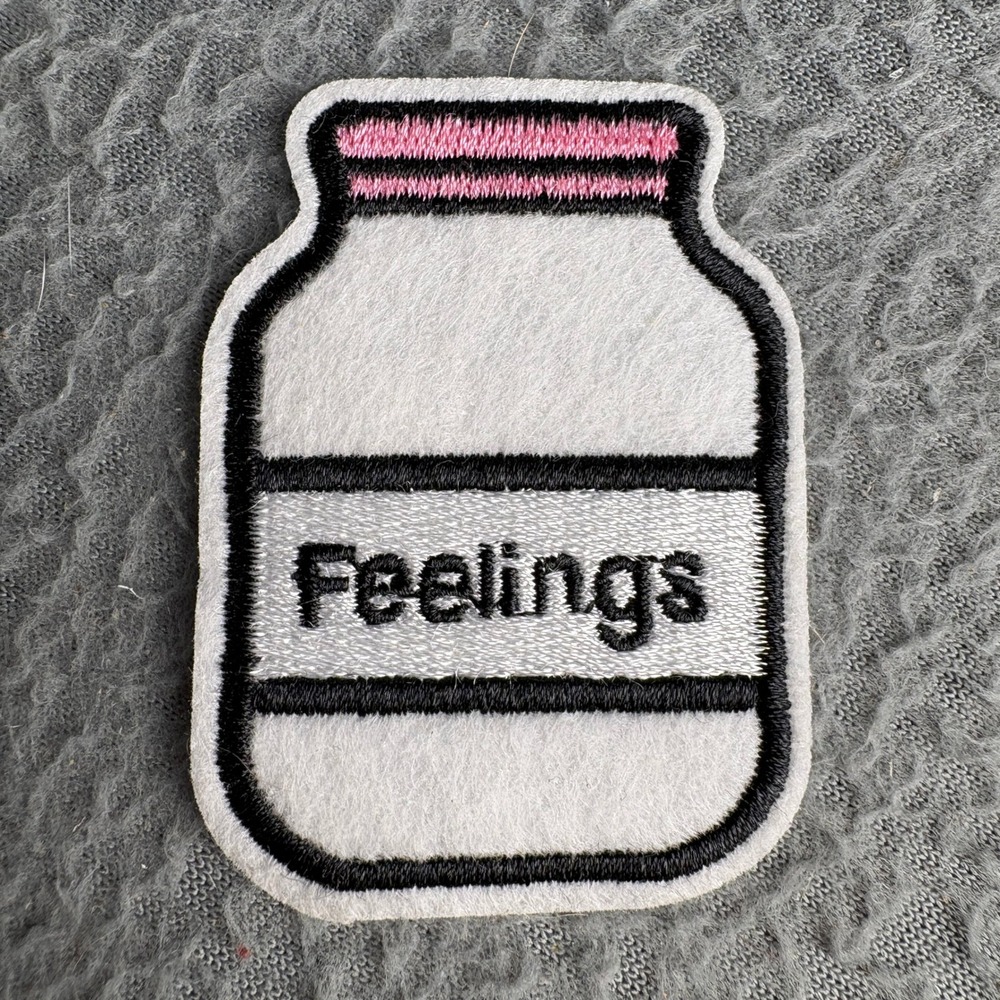 Feelings Jar Embroidered Iron On Patch White Pink Black Mason Jar Applique